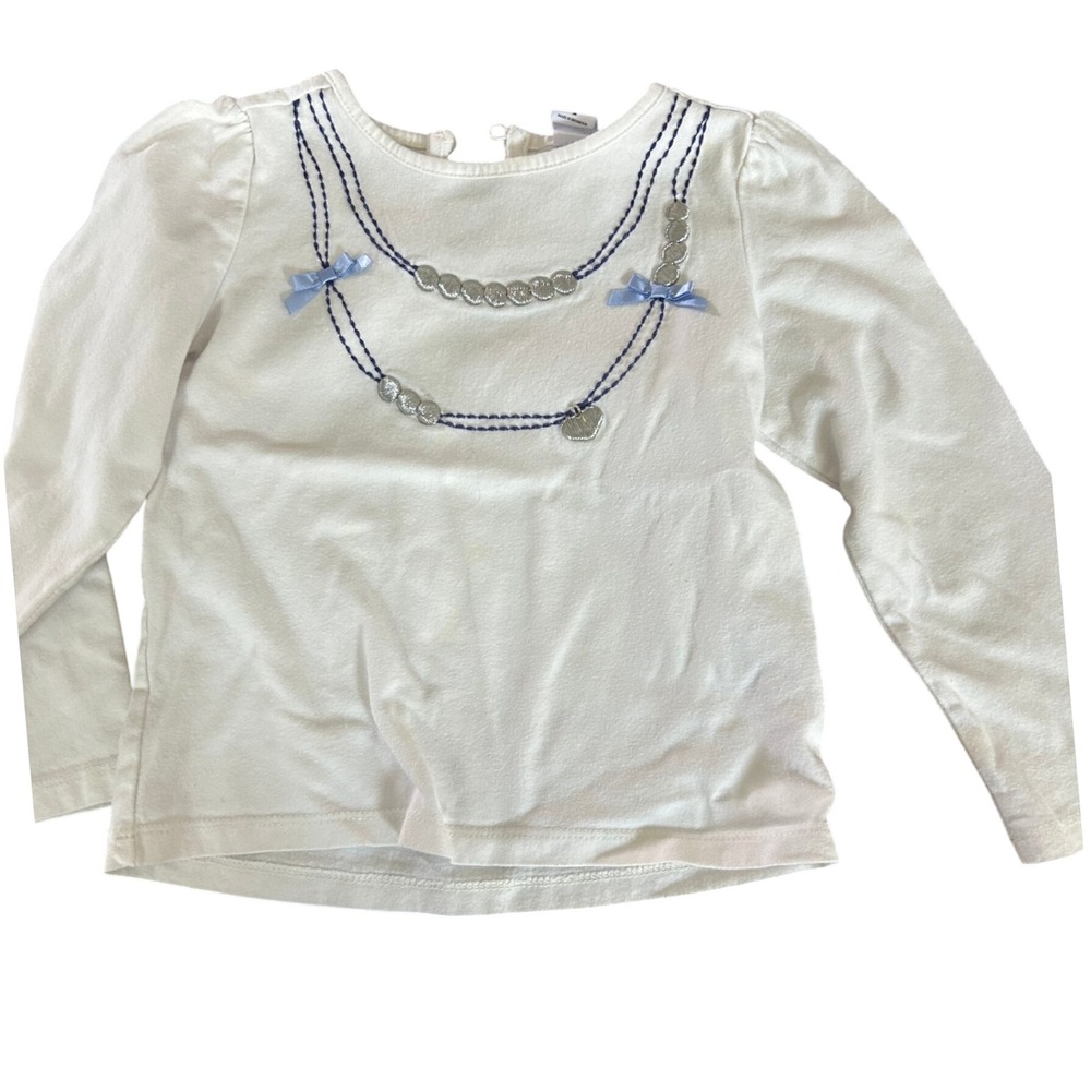 Girls White Long Sleeve Top Trompe L'oeil Necklace Graphic Bows Size 4T